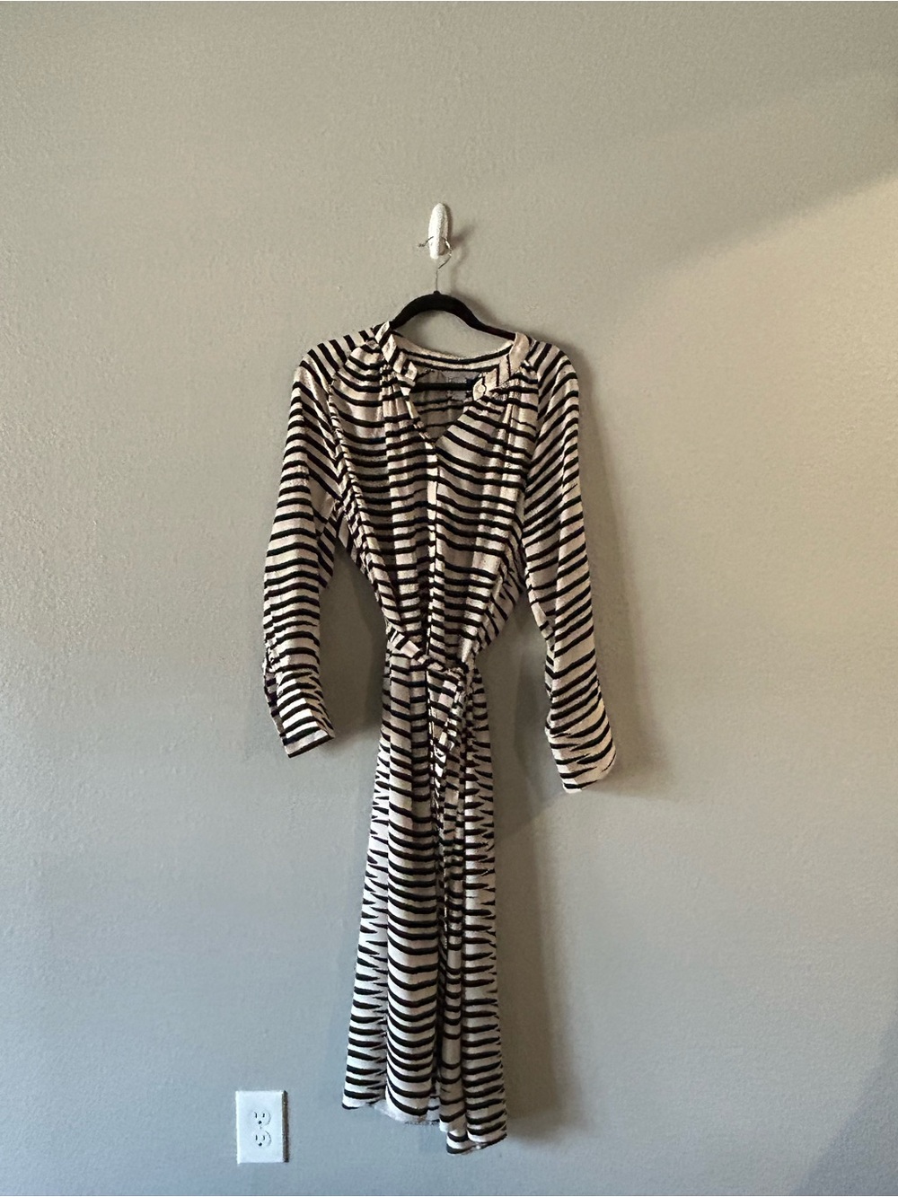 Striped Black and Beige Tie-Waist Midi Dress